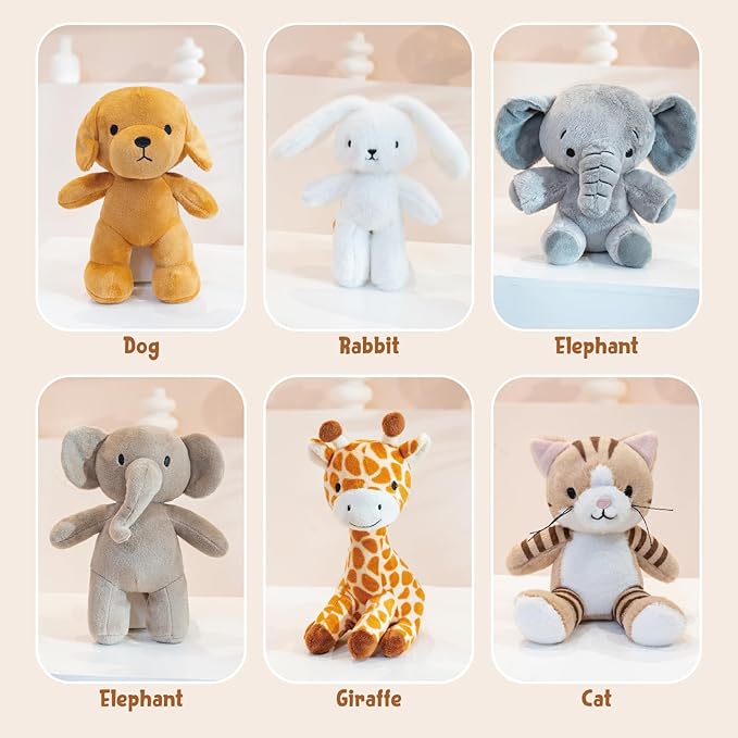 6 Pcs Stuffed Animals Bulk, 8 Inch Small Stuffed Safari Animals, Zoo Stuffed Animals Set (Cat Dog Elephants Giraffe Bunny) Baby Shower Party Decor, Easter Gift for Classroom Kids, Teens, Girls
