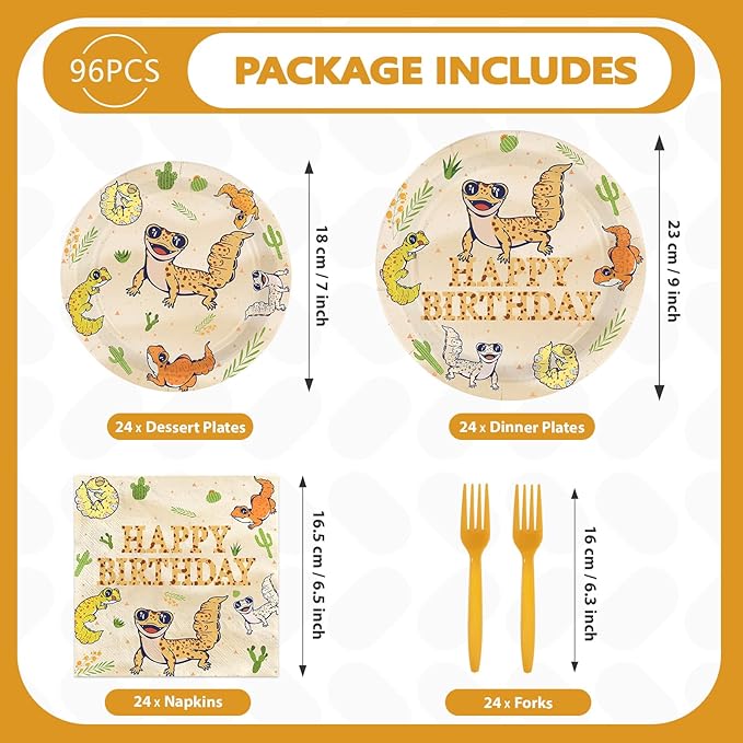 96Pcs Leopard Gecko Birthday Decorations Reptile Plates and Napkins Safari Animals Decorations Favors for Kids Boys Birthday Baby Shower Reptile Theme Party Supplies Serves 24