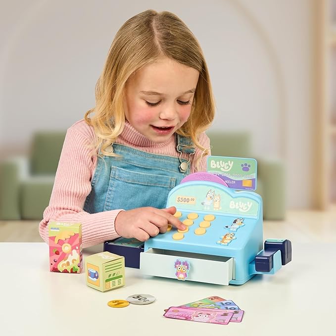 Bluey Cash Register Playset, Interactive Play Register with Detachable Scanner, Toy Credit Card, and Dollar Bucks, Shopping Toys for Kids Ages 3+