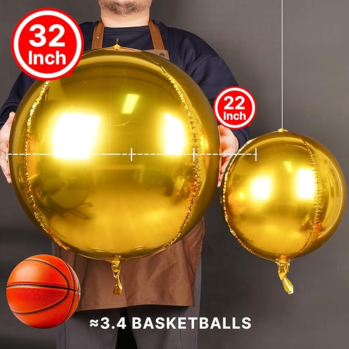 PartyWoo Metallic Gold Foil Balloons 6pcs 32 Inch Large Round Foil Big Giant 4D Jumbo Inflatable Mirror Ball Mylar Balloons for Graduation Birthday Baby Shower Anniversary Tea Party Decorations