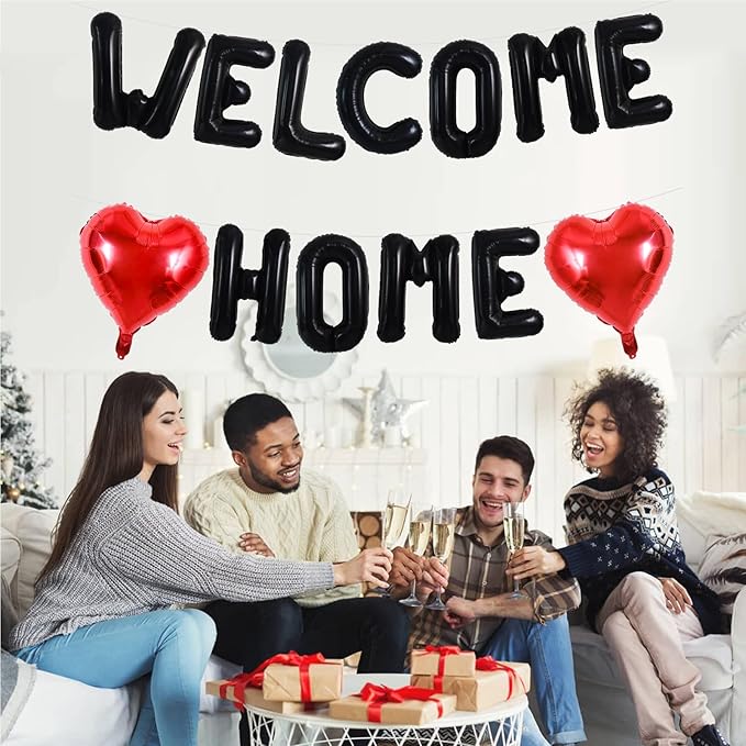 TONIFUL Welcome Home Balloons,16 Inch Black Welcome Home Foil Balloons Banner Welcome Home Party Decorations for Homecoming Party Decorations House Warming Party Family Gathering Supplies