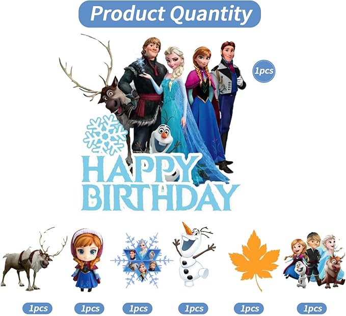 7Pcs Cute Blue Princess Birthday Cake Decorations，1 Large, 6 Small Snow Theme happy Birthday Cake Toppers，For Ice Birthday Party Supplies (B)