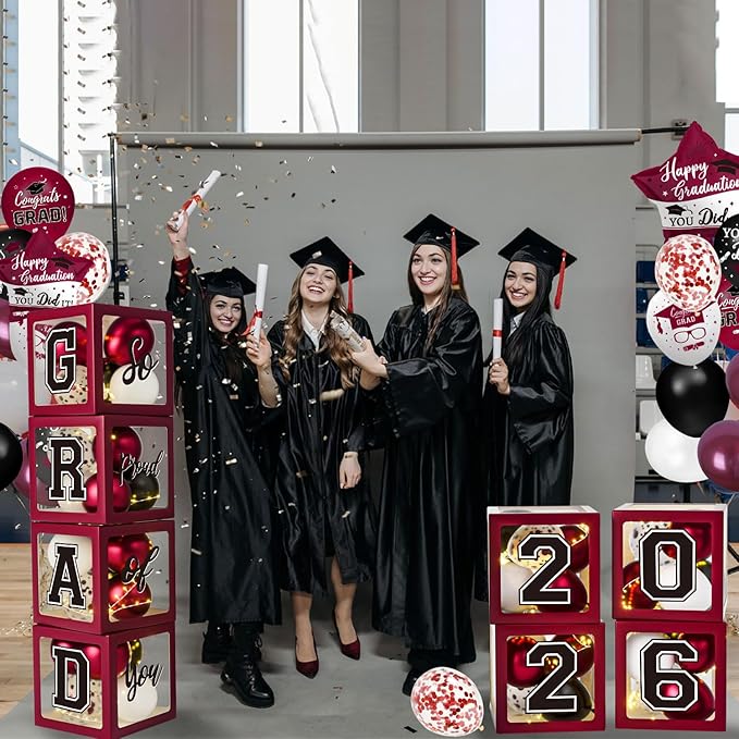 Maroon Themed 2026 Graduation Decorations Set - Balloons Boxes with Letters 2026 GRAD So Proud of You - Complete Party Supplies for High School & College Celebrations