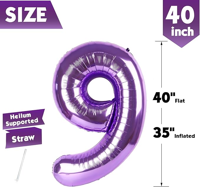 40 Inch Purple Number 9 Balloon, Giant 9 Number Balloons for 9th Birthday Decorations, Party Supplies for Baby Boy Girl, Purple Party Decor
