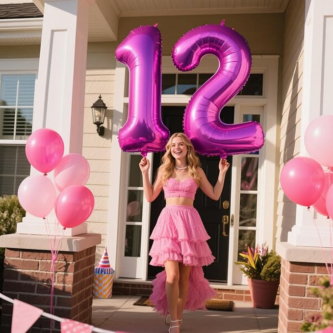 40 Inch Large 12 Balloon Numbers Rose Purple Big Foil Number Balloons Giant Helium Happy Birthday Party Decorations for Man and Women, Huge Mylar Anniversary Party Supplies