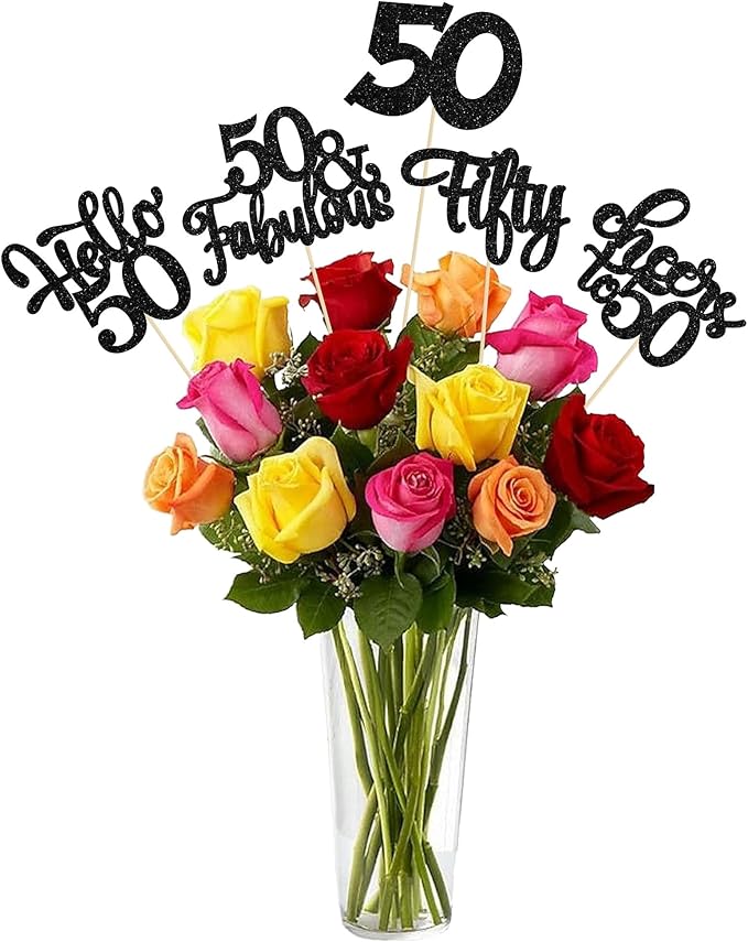 Gyufise 15Pcs 50th Birthday Centerpiece Sticks Fifty Happy 50th Table Flower Centerpieces Sticks Cheers to 50 Floral Decorations for 50th Birthday Party Centerpieces Supplies Black