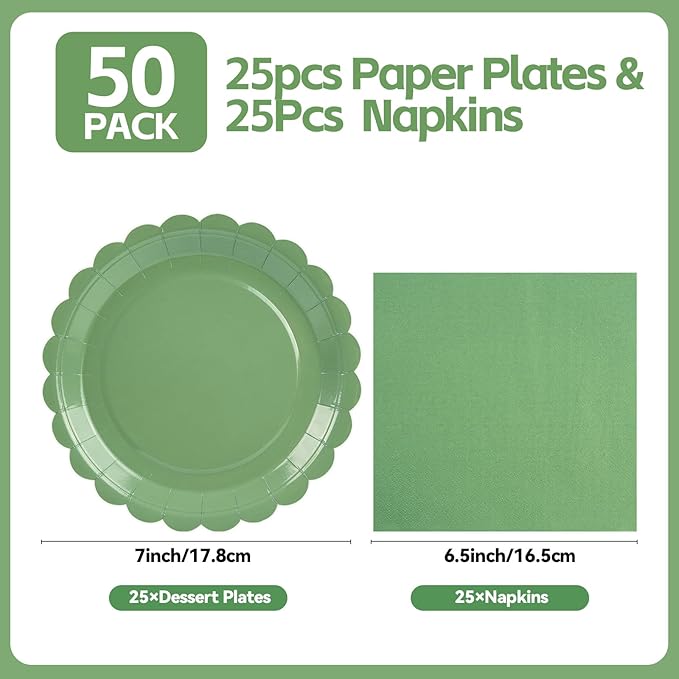 50pcs Sagegreen Paper Plates&Napkins Party Supplies-7Inch Scalloped Dessert Plates Disposable Sage Green Cake Plate Tableware Decoration for Baby Shower Birthday Wedding Bridal Serves 25