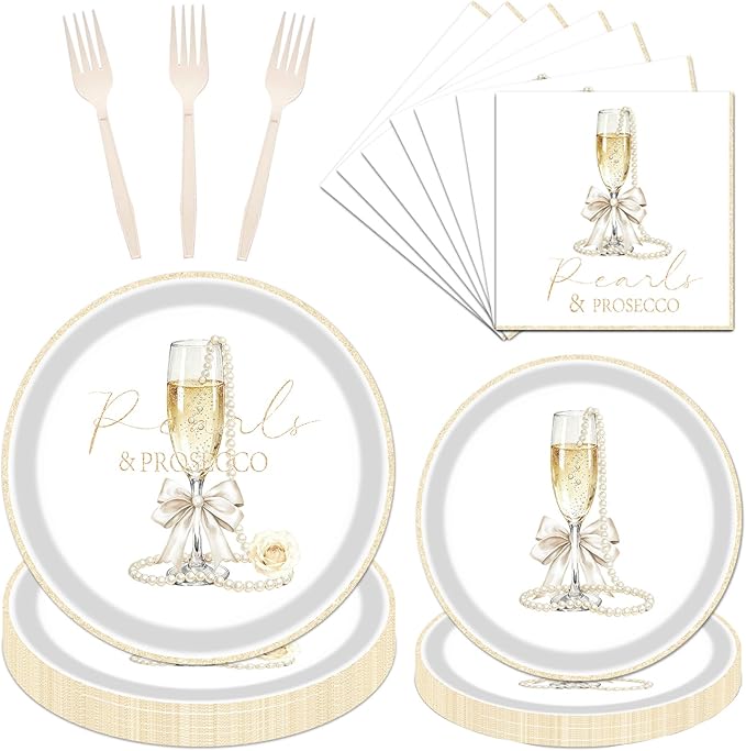 Rakuto Pearls and Prosecco Bridal Shower Decorations, 96PCS Pearls Bow Champagne Disposable Paper Plates Napkins Party Decorations, Bows Prosecco Wedding Bachelorette Bride to Be Decor, Serve 24