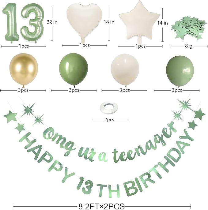 Sage Green Omg Ur A Teenager Happy 13th Birthday Banner Garland Foil Balloon 13 for 13 Birthday Decorations Official Teenager 13th Birthday Decor for Teen Girls 13 Years Old Birthday Party Supplies