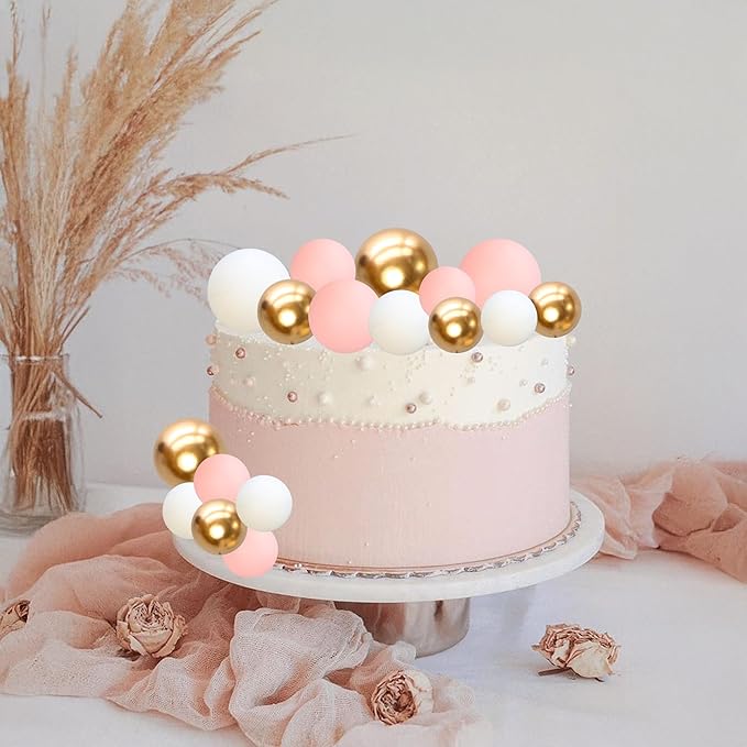 Gyufise 30Pcs Mini Balloon Cake Topper Foam Ball Cake Picks Cupcake Faux Pearl Balls DIY Cake Insert Topper Baking Decoration for Anniversary Graduation Birthday Party Baby Shower White Pink Gold
