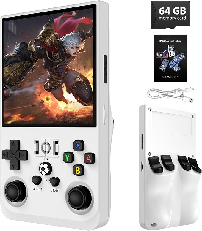 R36MAX Retro Handheld Game Console, 4.0 Inch IPS Screen, 64GB Memory, Portable Arcade Video Gaming Console Gift for Adults, Pearl White