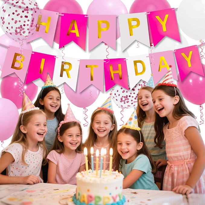 Pink Birthday Decorations, Happy Birthday Banner, 16 pcs 12 inch Balloons with 2 Ribbons for Girl and Women Party Decoration