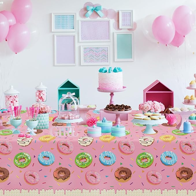4 Pack Donut Party Tablecloth Sprinkle Donut Theme Party Decorations Pink Ice Cream Table Cloth Doughnut Table Covers for Baby Shower Afternoon Tea Ice Cream Birthday Supplies 51 x 86 in