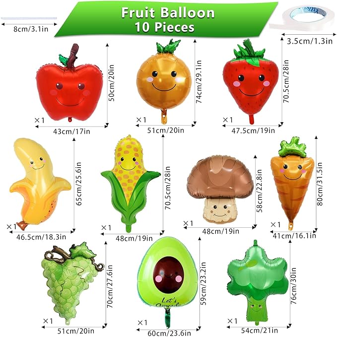 10 Pcs Fruit Balloons and Vegetable Balloons - Large Apple Orange Strawberry Grape Mushroom Banana Avocado Corn Carrot Broccoli Mylar Foil Balloons, Fruit Theme Birthday Party Decorations Supplies
