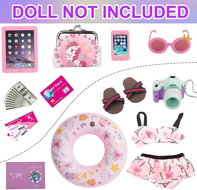 18 inch Girl Doll Accessories-Travel Luggage Play Set for 18 Inch Girl Dolls Include Case,Doll Swimming Suit,Ring,Sunglasses,Camera,etc.