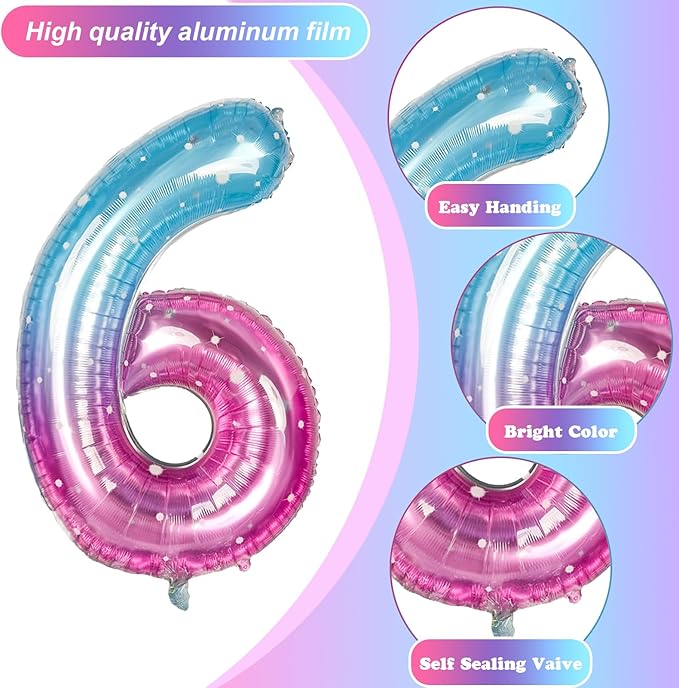 40 Inch Balloon Number 6 Blue Pink, Large Foil Mermaid 6 Balloons Number for Women, Starry Rainbow Globos de Numero 6 Helium Balloons for Girls 6th Birthday Anniversary Graduation Party Decorations