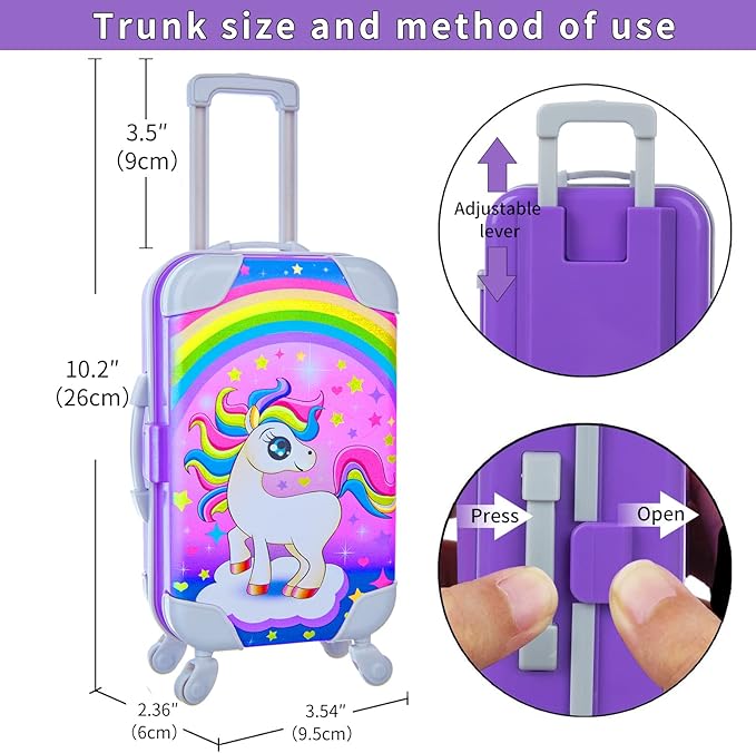 DONTNO 29 Pcs American Doll Clothes & Accessories, Cute Travel Play Set for 18 Inch Doll - Purple Clothes Suit, Unicorn Suitcase, Handbag, Lipstick, Camera, Sunglasses