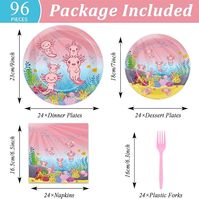 96pcs Pink Axolotl Plates and Napkins Party Supplies Reptile Animals Tableware Set Girl Axolotl Party Decorations Favors for Pink Axolotl Birthday Baby Shower Serves 24 Guests
