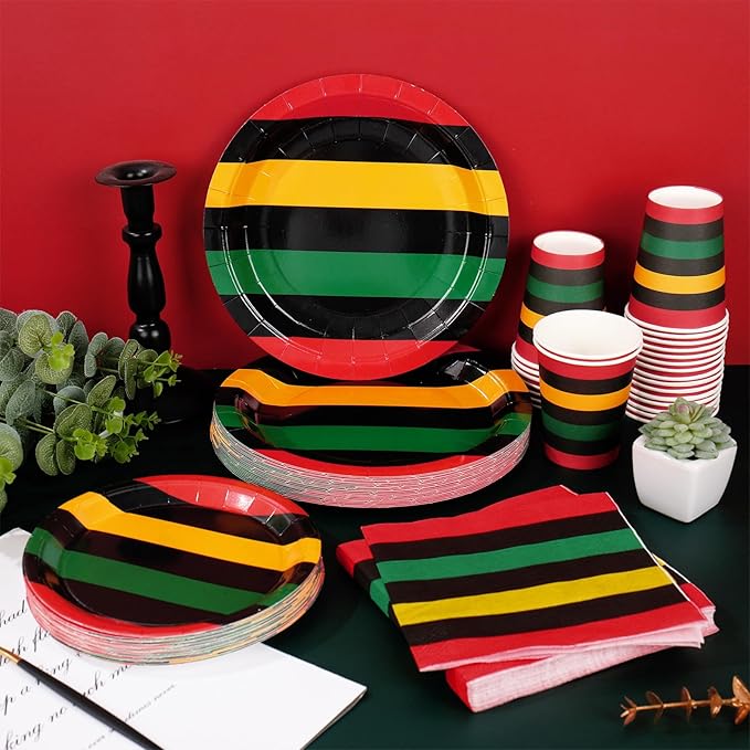 Whaline 96Pcs Juneteenth Tableware Black History Month Kwanzaa Paper Plate Napkin Cup African American Freedom Disposable Dinnerware Set for 24 Guests Party Table Decor