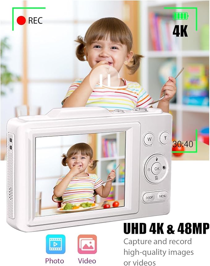 Kids Digital Camera,4800MP Selfie Camera,4K 1080P HD Video,with16X Zoom Anti Shake,Kids Chritmas Birthday Festival Gift - 32G SD Card