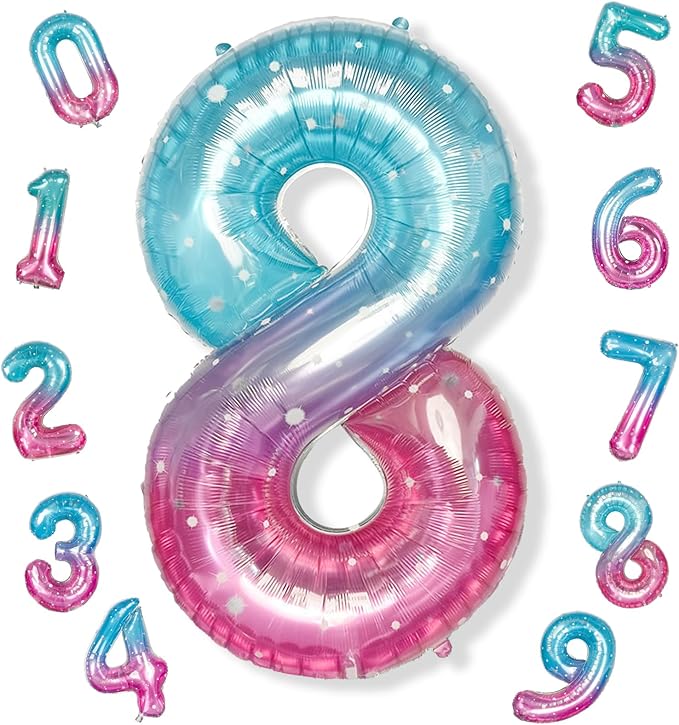 Purple Teal Number 8 Balloons, 40 Inch Giant Mermaid Starry Mylar Foil Number 8 Ballon for Girls, Self Inflating 8th Birthday Helium Balloon for Women 8th Anniversary Party Decorations Supplies