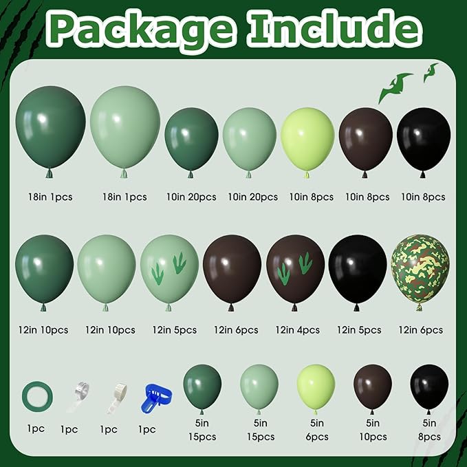 170Pcs Dinosaur Balloons Garland Arch Kit, Hunter Sage Green Brown Black Light Green Paw Printed Balloons for Kids Boys Dinosaur Birthday Jungle Safari Three Rex Dino Party Decorations Supplies