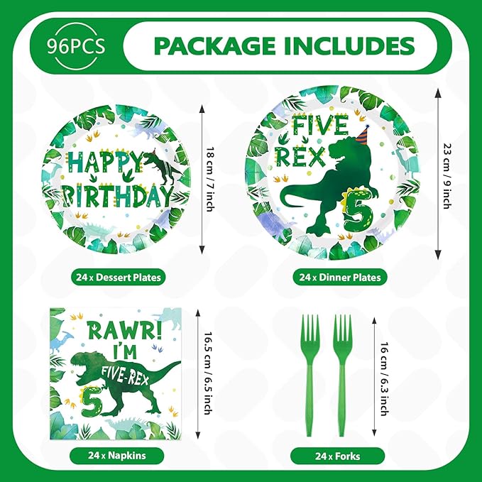 Grencian 96 Pcs Dinosaur 5th Birthday Decorations Five Rex Plates and Napkins 5 Years Old Dinosaur Party Supplies Roar I’m Five Dino Tableware Set for Boys Kids Dino Themed Party Favors Serves 24