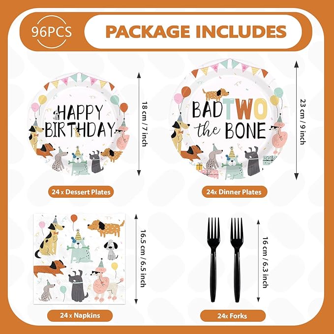 96Pcs Bad Two the Bone Party Supplies 2nd Dog Birthday Plates and Napkins Cute Cartoon Dog Theme Tableware Set for 2 Year Old Puppy Themed Birthday Party Supplies，Serves 24
