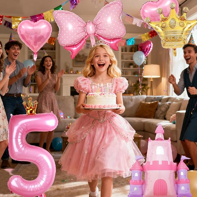 Princess Balloons for 5th Birthday Decorations Girl Castle Balloons Large Pink Crown Number 5 Balloon Pink Foil Balloon for Princess Birthday Party Decorations Supplies