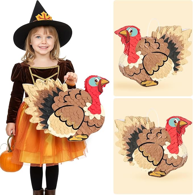 WERNNSAI Thanksgiving Turkey Piñata - Fall Autumn Decorations Wild Turkey Brown Piñata Thanksgiving Party Games for Family Fall Festival Decor Party Favors with Blindfold