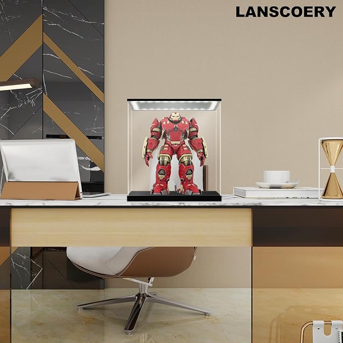 LANSCOERY Acrylic Display Case with Adjustable Yellow/White/Warm LED Light, UV Protection Clear Display Box, Dustproof Showcase for Action Figures, Models, Collectibles - 13.8x13.8x13.8inch