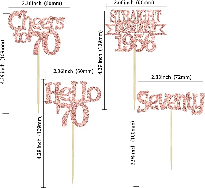 Ephlyn 24Pcs Happy 70th Birthday Cupcake Toppers Glitter Straight Outta 1956 Cupcake Picks Hello 70 Cheers to 70 Years Birthday Cake Decorations for 70th Birthday Anniversary Party Supplies Rose Gold