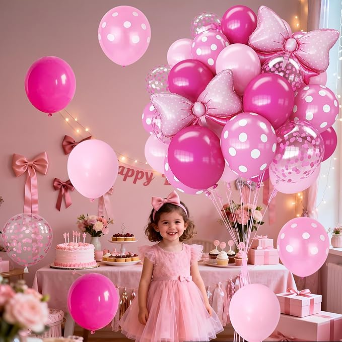 Pink Bow Balloons, 62Pcs 12Inch Hot Pink Bow Foil Balloons Set, Polka Dot and Confetti Latex Balloon for Girls Women Birthdays Baby Shower Bridal Bachelorette Cartoon Theme Valentine Party Decoration