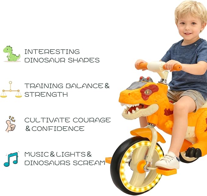 Dinosaur Kids Tricycle for Rider- Toddlers Kid Trike Bike Big Wheel with Music, Storage Basket,Light Wheel, Indoor/Outdoor Preschool Daycare Kids Bike,Best Gift for 3-7 Year Old Girls & Boys (Yellow)
