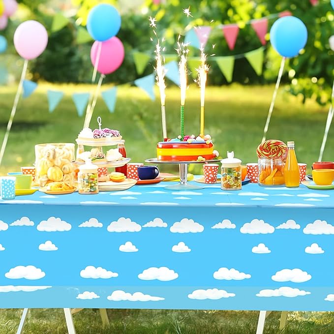 Tatuo Blue Sky White Clouds Birthday Party Supplies Cartoon Story Tablecloth Party Table Cover Cartoon Table Banner for Birthday Decorations, 54 x 108 Inch(4 Pieces)