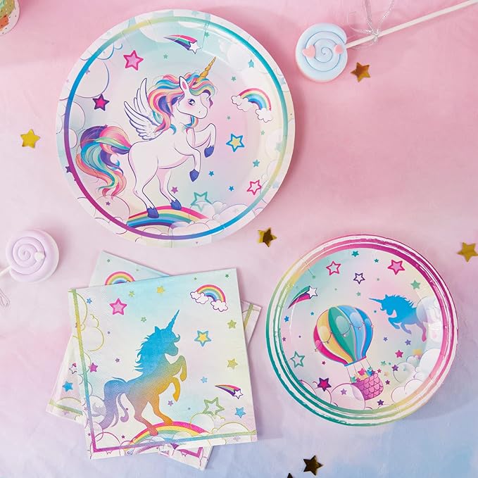 WERNNSAI Unicorn Party Plates and Napkins - 48 PCS Rainbow Unicorn Party Supplies for Girls Disposable Dinner Dessert Plates Napkins Tableware Set Serves 16 Guests