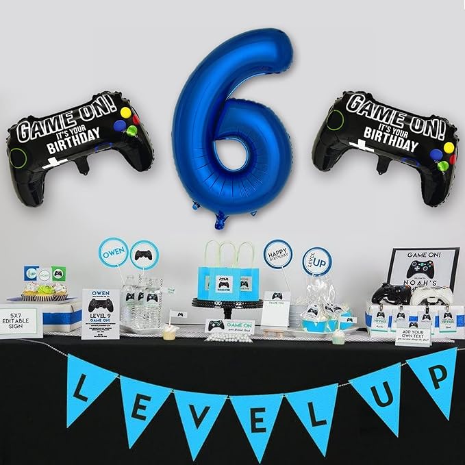 Navy Blue Video Game Party Supplies Boys 6th Birthday Party Decorations- 2 Packs Game On Balloons with Dark Blue Number 6 Balloon