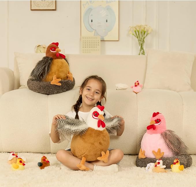 8Pcs Easter Chicken Stuffed Animal, Stuffed White Hen with Little Baby Chicks and Coop, Plush Toys for Kids, Hit of Christmas Farm Party