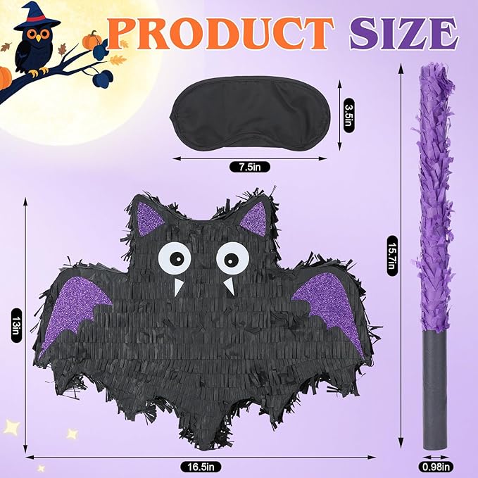 Bat Pinatas Bundle with a Blindfold and Bat (16.5 x12.6x4 Inches), Perfect for kid's Birthday Parties Decoration, Animal Theme Party