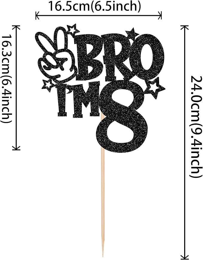1 PCS Brother I'm 8 Cake Topper Glitter Star Happy 8th Birthday Cake Pick Bro I'm 8 Cake Decoration It's My 8th Birthday Decorations for Boys Cheers to 8 Years Old Birthday Party Supplies Black