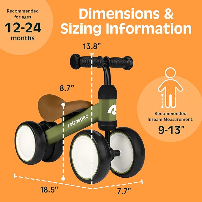 Retrospec Cricket Baby Balance Bike, 4-Wheel Ride-On Toy for Ages 12-24 Months – First Bike & Toddler Bike for 1 Year Old Boys & Girls, First Birthday Gift