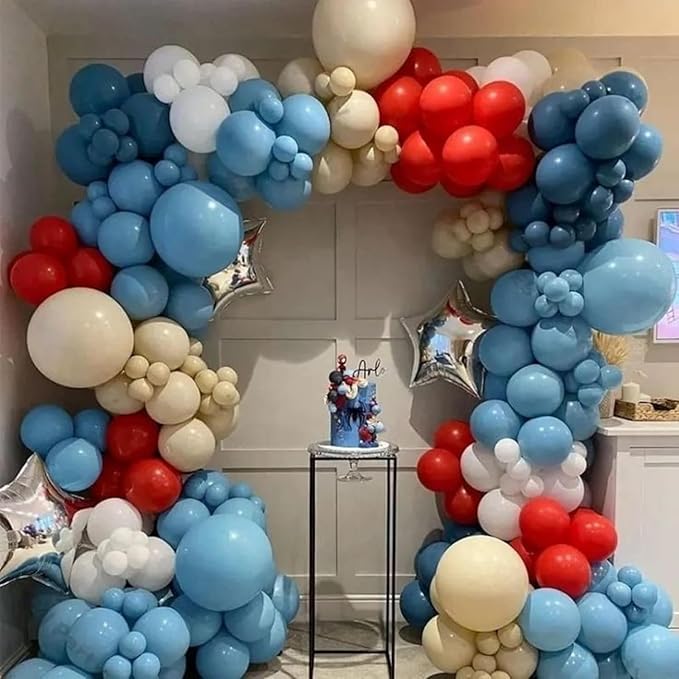 Red Blue White Balloons, 12Inch 60Pcs Retro Navy Blue Matte Red and White Balloon, Royal Blue and Scarlet Latex Balloons for Boys Men Birthday Hero Theme Baseball Party Labor Independence Day Decor