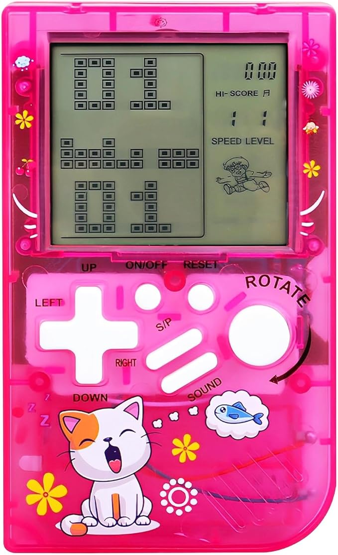 Kids Brick Game Console Small Portable Transparent Body Built-in 23 Retro Blocks Games Adjustable Difficulty/Speed Powered by 2 AAA Batteries Kids/Students Birthday Toys (Pink)