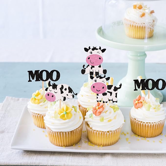 24 PCS Cow Cupcake Toppers Glitter Farm Animals Moo Cupcake Picks Cow Theme Baby Shower Kids Birthday Party Cake Decorations Supplies