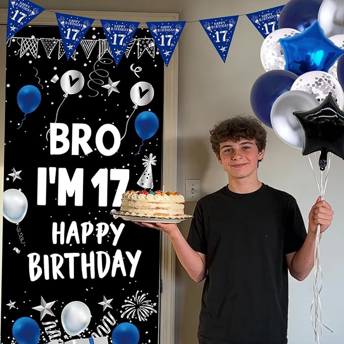 17th Birthday Decorations for Boys Girls, Dark Blue 17 Year Old Bday Decorations with Happy 17th Birthday Banner Backdrop Tablecloth, Party Supplies with 17 Balloon Numbers, Triangle Flag, Foil Stars