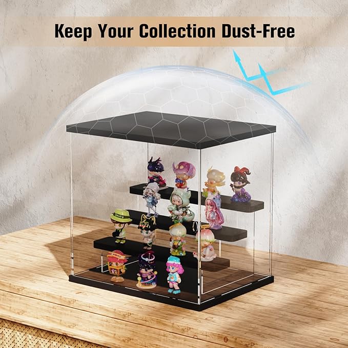 Nynelly Acrylic Lighted Display Case for Collectibles, 4 Tier Figure Display Box with Door and Steps, Assemble Dustproof LED Showcase Storage Box for Mini Figures, Funko Pop, Toys, Black