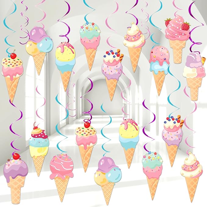 Chunnin 58Pcs Ice Cream Party Hanging Swirls Ice Cream Birthday Party Decoration Summer Creams Theme Ceiling Streamers Colorful Swirl Dessert Cone Streamers for Christmas Holidays Baby Shower Supplies