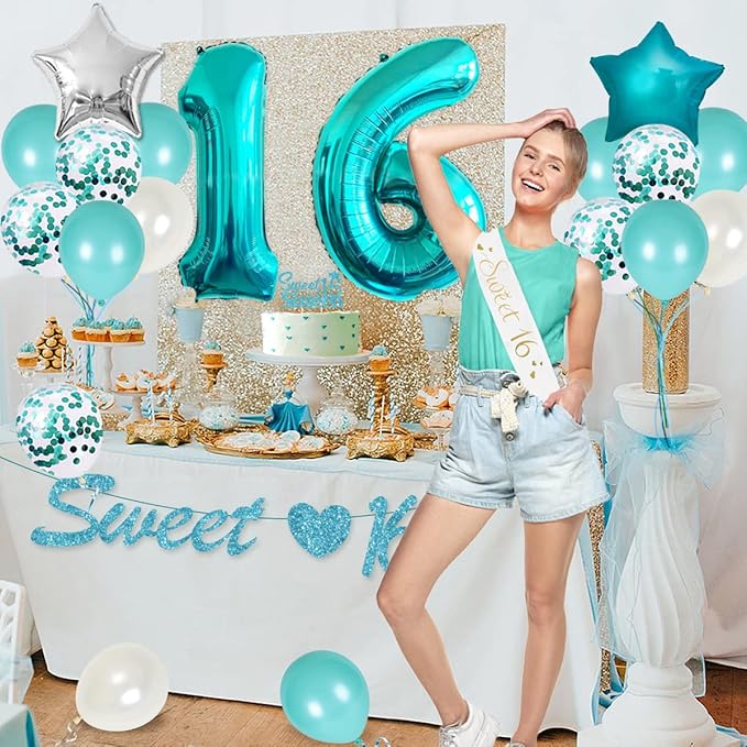 16th Birthday Decorations for Girl Teal - Sweet 16th Birthday Party Supplies Happy Birthday Banner Sweet 16th Sash Cake Topper Turquoise Fringe Curtain Number 16 Balloon for Sixteen Birthday Decor