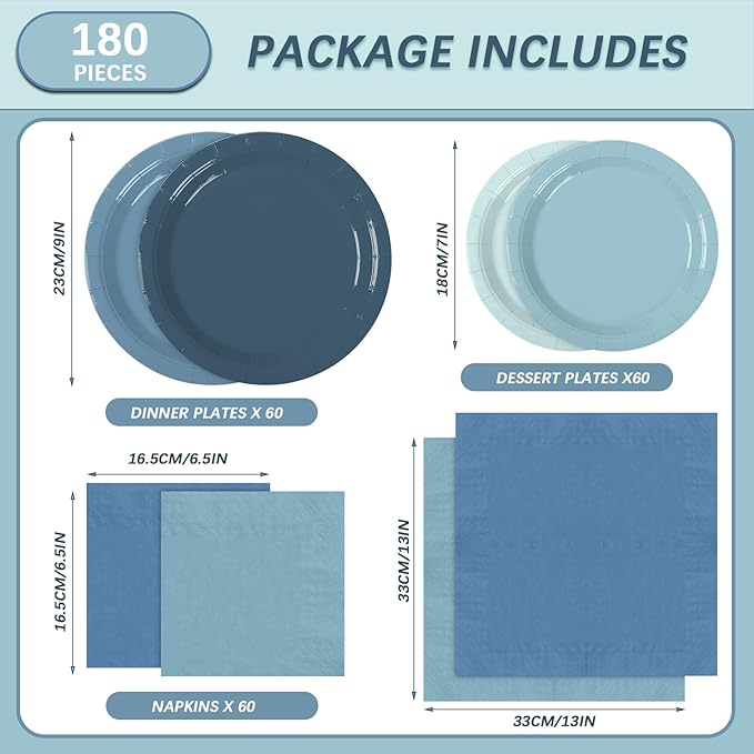 180Pcs Dusty Blue Paper Plates Party Supplies Paper Plates and Napkins Serve 60 Disposable Tableware Set for Birthday Party Decorations Game Day Family Holiday Sports Events