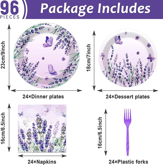 96 Pcs Purple Party Supplies Lavender Paper Plates Napkins Watercolor Floral Cake Dessert Tableware Set Butterfly Dinnerware for Spring Summer Birthday Party Shower Decoration Serve 24
